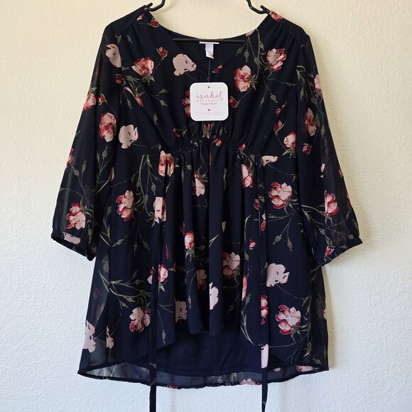 NWT Isabel Maternity Size Small Navy Floral Tunic Top Sheer Sleeves Buttons Chic - Picture 1 of 10